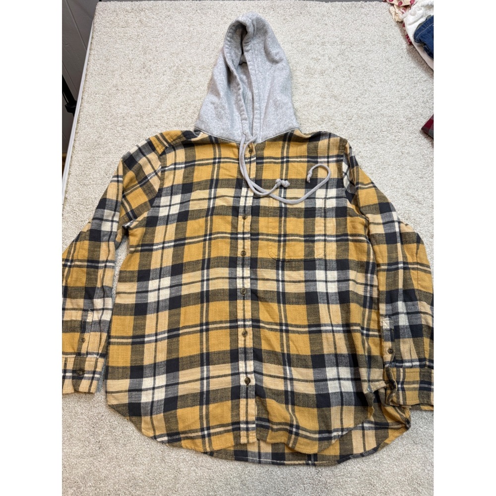 American Eagle Mens Medium Hooded Flannel Shirt Yellow Black Plaid Long‎ Sleeve